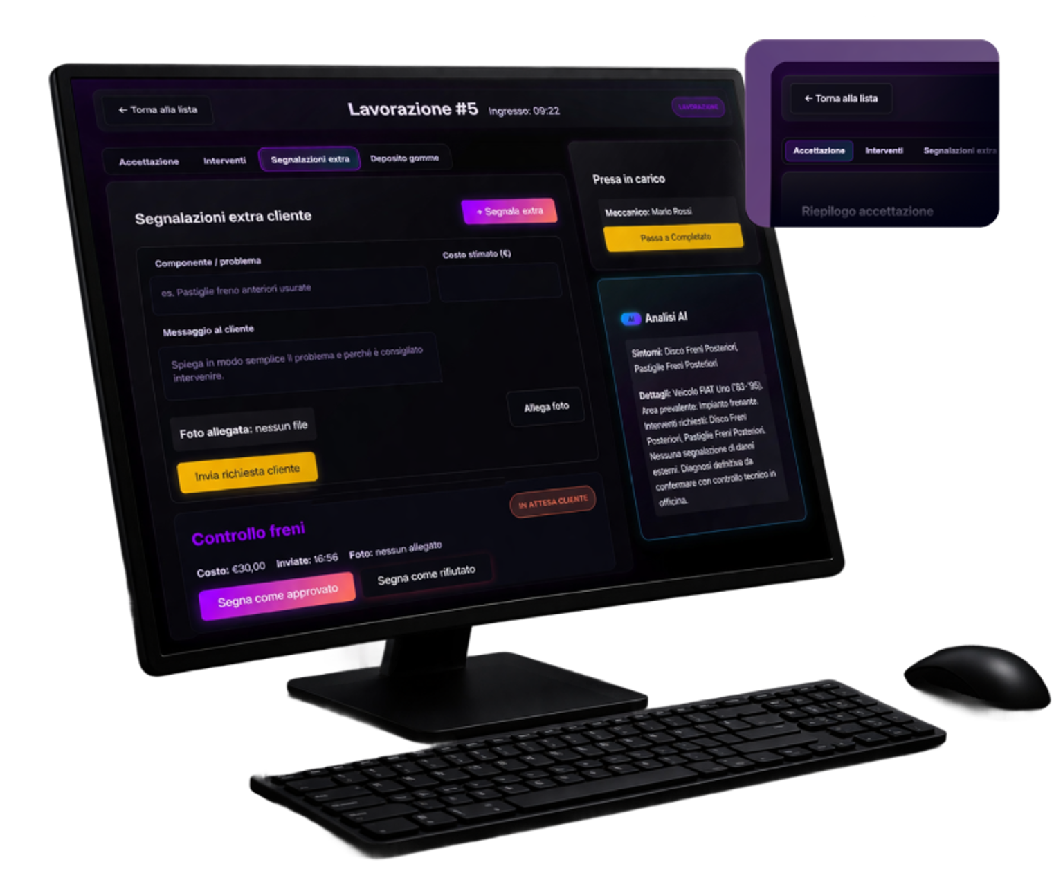 Monitor da scrivania con pannello Ariaa aperto sulla scheda segnalazioni extra cliente, con report AI dei danni e dettaglio controllo freni